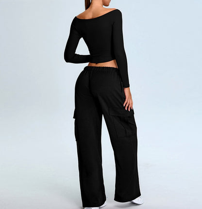 Rib Knit Long Sleeves Wide U Neck Slim T-shirt