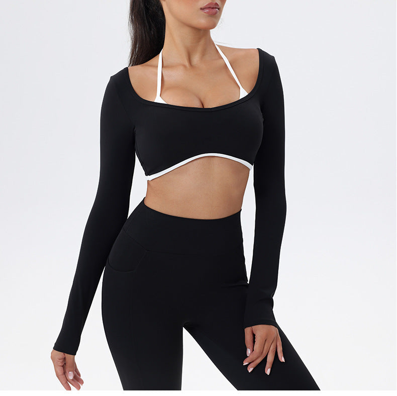 Halter Neck White Bulk Line Back Beauty Long Sleeeves Sports Top