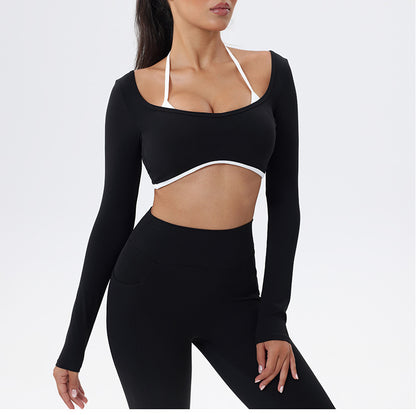 Halter Neck White Bulk Line Back Beauty Long Sleeeves Sports Top