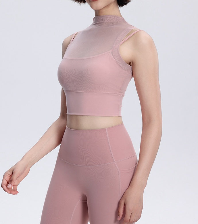 Rolled Neck Sleeveless Chiffon Built-in Sports Bra Top