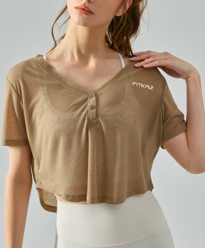 V Neck Bottons Breathable Ultra Light Yoga Top