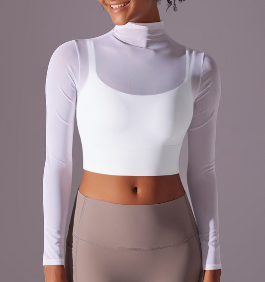 Polo Neck Long Sleeves Chiffon Built-in Sports Bra Top