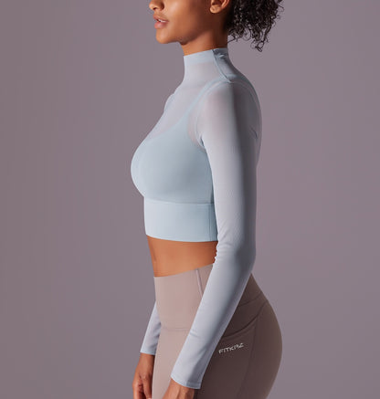 Flash Sale - Polo Neck Long Sleeves Chiffon Built-in Sports Bra Top