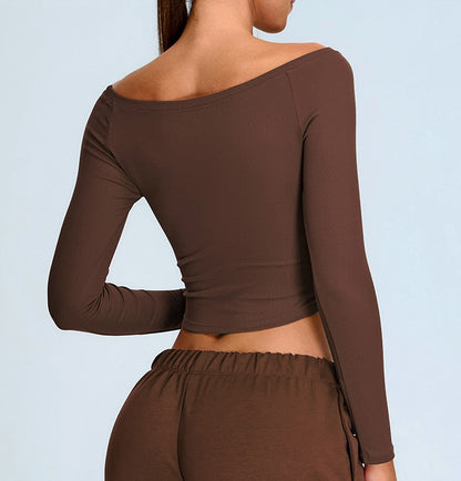 Rib Knit Long Sleeves Wide U Neck Slim T-shirt