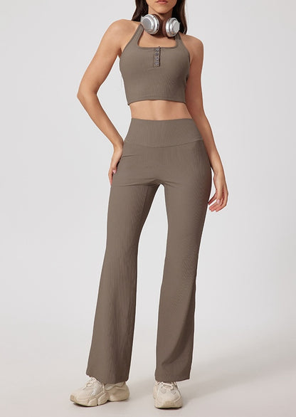 Rib Knit USA Style Buttons Halter Top Sports Bra