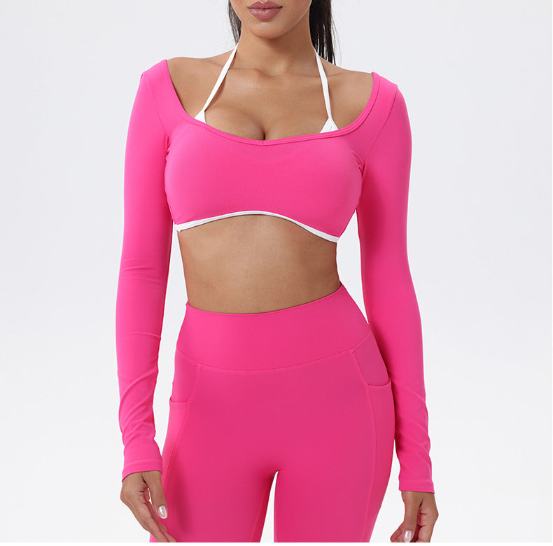 Halter Neck White Bulk Line Back Beauty Long Sleeeves Sports Top