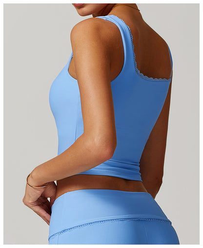 Rib Knit Mini Lace Semi Boot Cut Tank Top Sports Bra