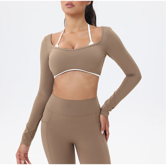 Halter Neck White Bulk Line Back Beauty Long Sleeeves Sports Top