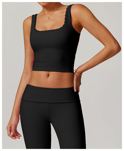 Rib Knit Mini Lace Semi Boot Cut Tank Top Sports Bra