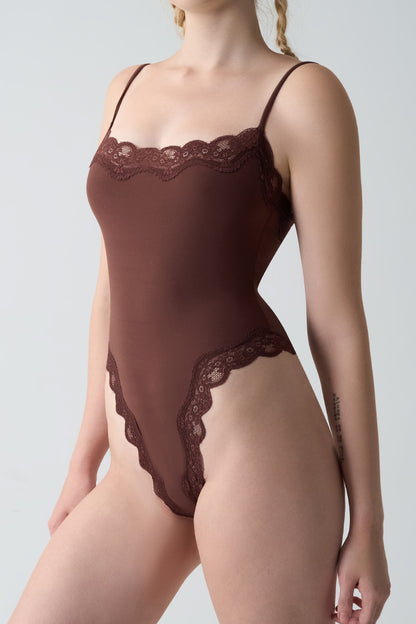Feather Skin Touch Lace Camisole High Cut Thong Bodysuit (No Pads)