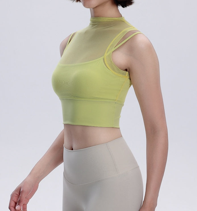 Rolled Neck Sleeveless Chiffon Built-in Sports Bra Top
