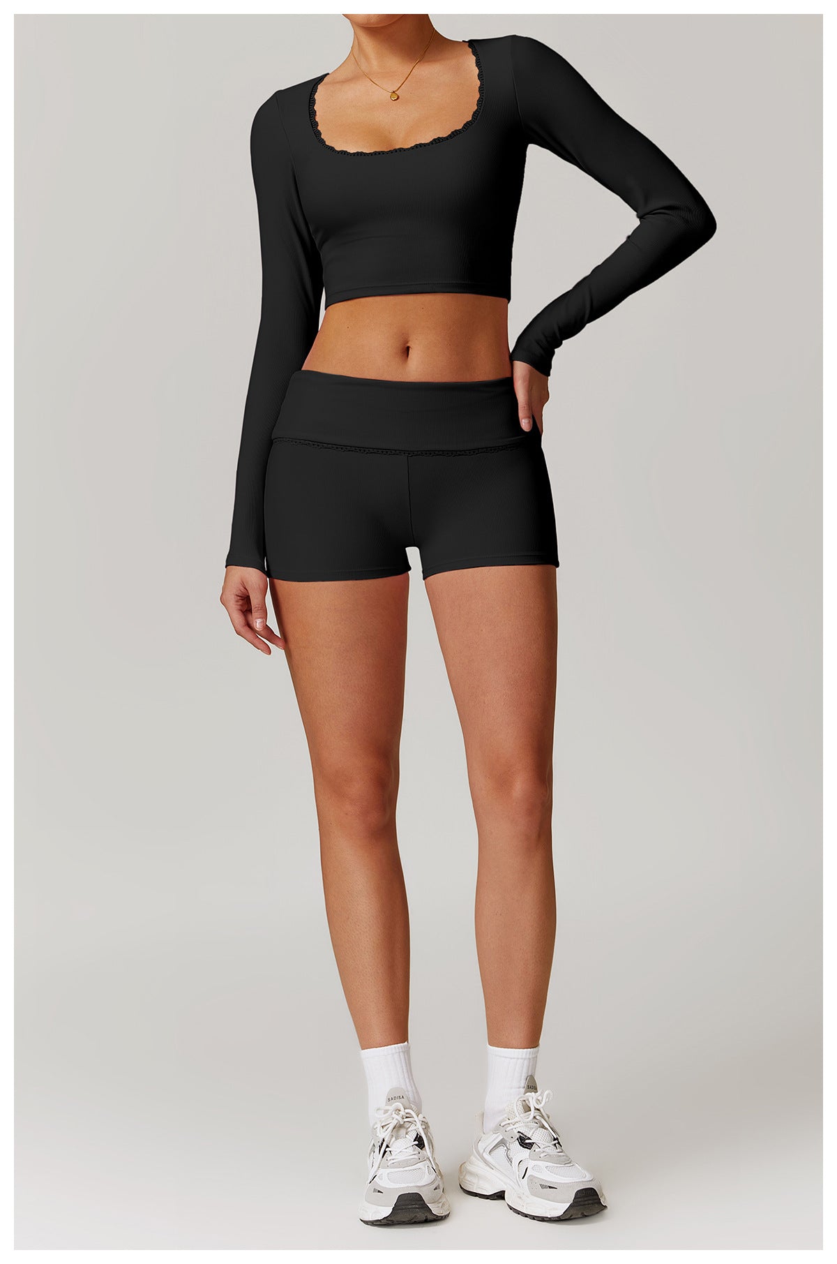 Rib Knit Mini Lace Semi Boot Cut Long Sleeve Sports Bra