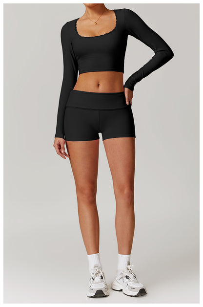 Rib Knit Mini Lace Semi Boot Cut Long Sleeve Sports Bra