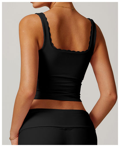 Rib Knit Mini Lace Semi Boot Cut Tank Top Sports Bra