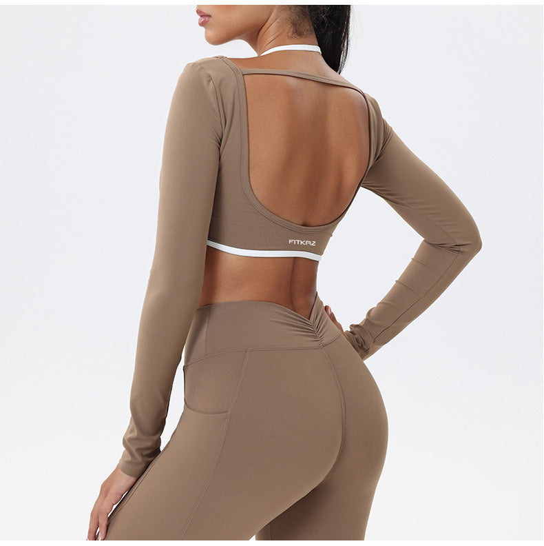 Halter Neck White Bulk Line Back Beauty Long Sleeeves Sports Top