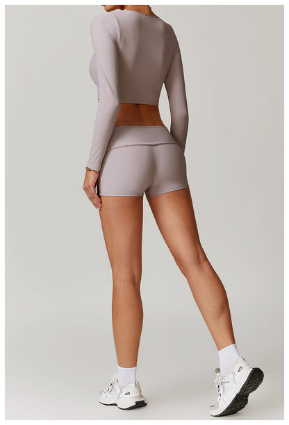 Rib Knit Mini Lace Semi Boot Cut Long Sleeve Sports Bra
