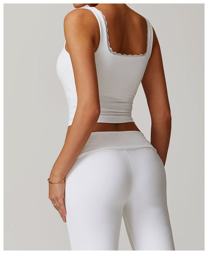 Rib Knit Mini Lace Semi Boot Cut Tank Top Sports Bra