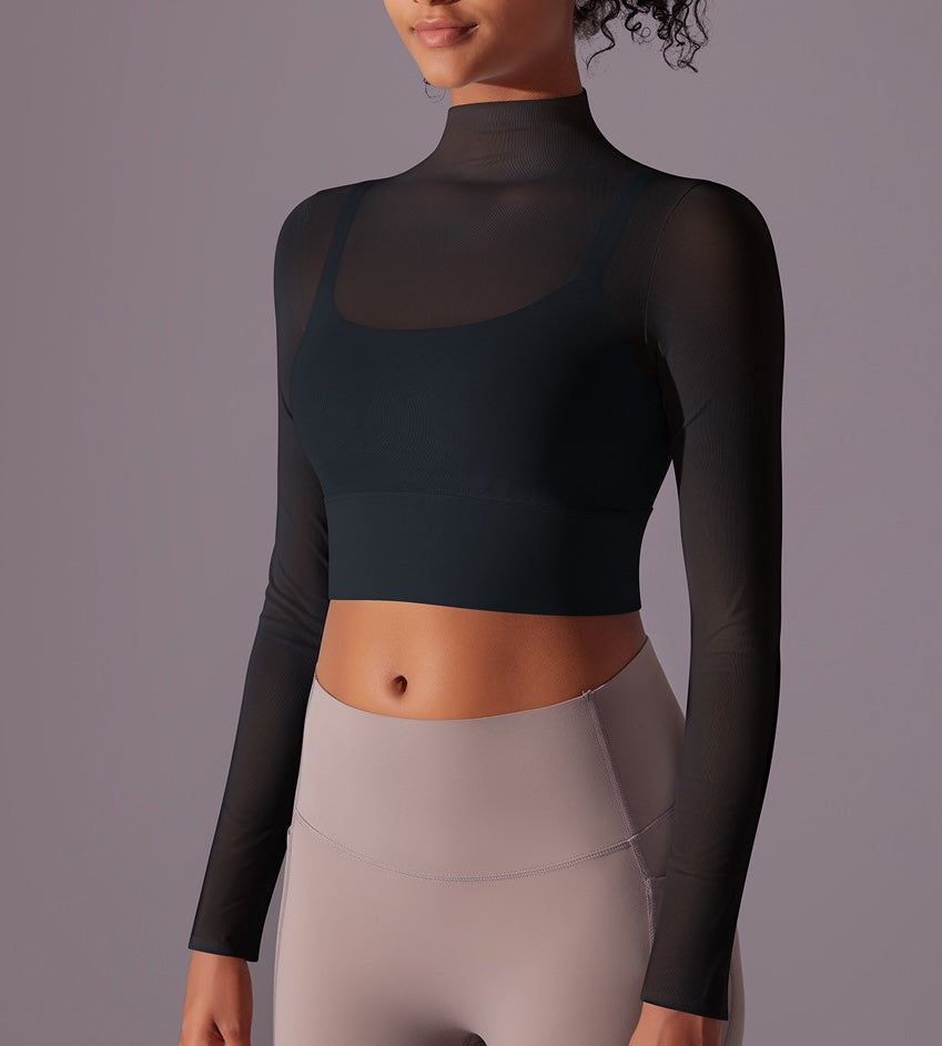 Flash Sale - Polo Neck Long Sleeves Chiffon Built-in Sports Bra Top