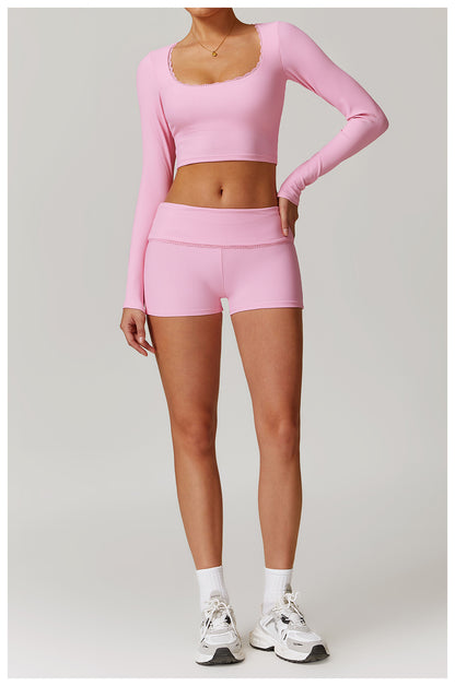 Rib Knit Mini Lace Semi Boot Cut Long Sleeve Sports Bra