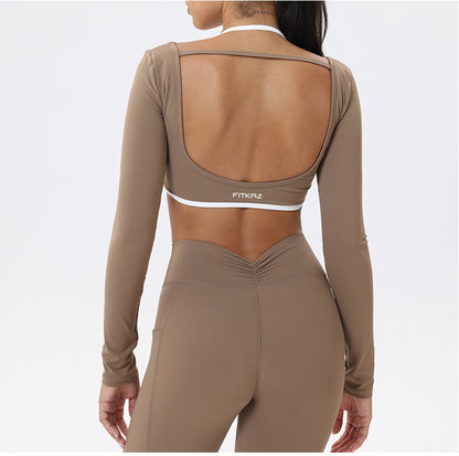 Halter Neck White Bulk Line Back Beauty Long Sleeeves Sports Top