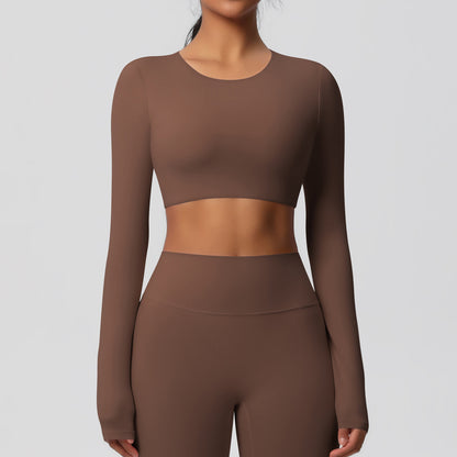 Classic All Star Built-in Pads Long Sleeve Chestnut Sports Crop Tops