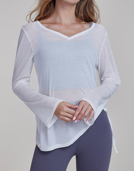 Flash Sale - Wide Neck Drawstring Long Sleeve Top
