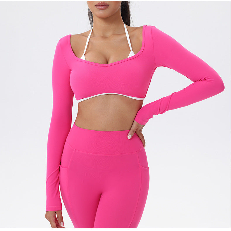 Halter Neck White Bulk Line Back Beauty Long Sleeeves Sports Top