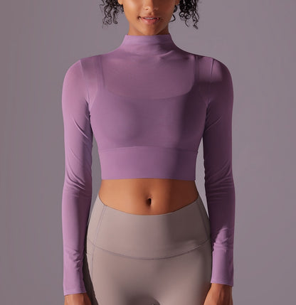 Flash Sale - Polo Neck Long Sleeves Chiffon Built-in Sports Bra Top