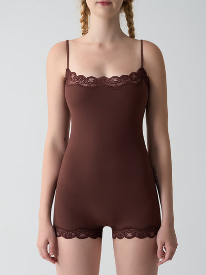 Feather Skin Touch Lace Camisole Boyshort Bodysuit (No Pads)