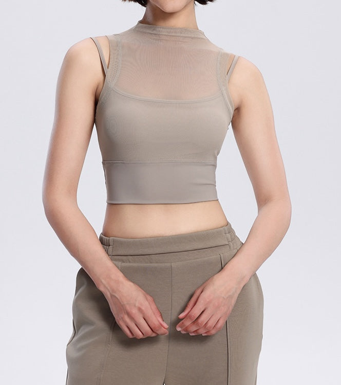 Rolled Neck Sleeveless Chiffon Built-in Sports Bra Top