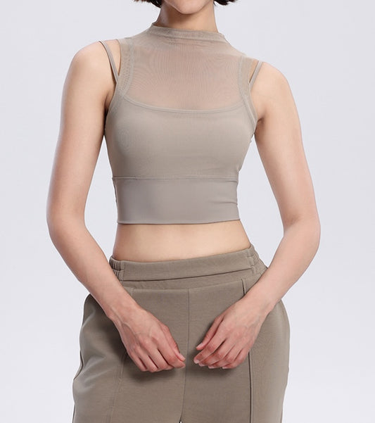 Rolled Neck Sleeveless Chiffon Built-in Sports Bra Top