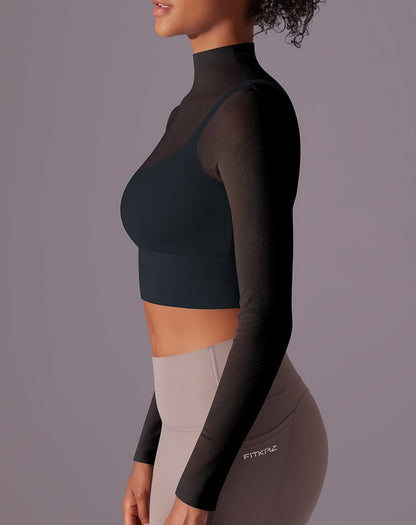 Flash Sale - Polo Neck Long Sleeves Chiffon Built-in Sports Bra Top