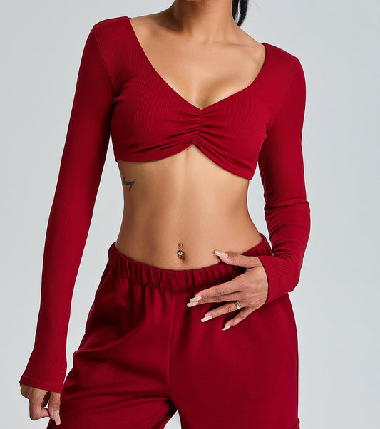 Rib Knit Long Sleeves V Neck Butterfly Sports Top