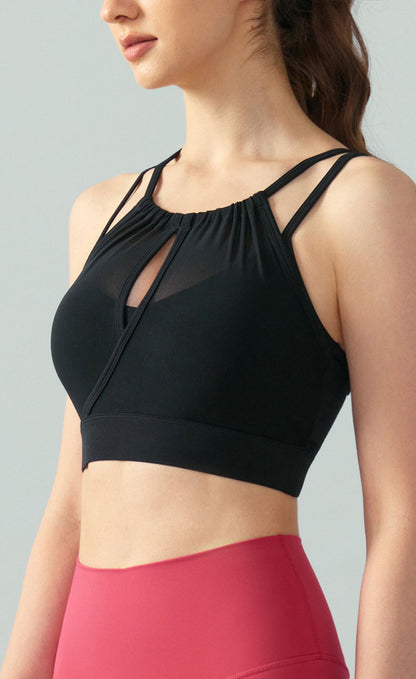 Mesh Patchwork Wrinkles Neck Sports Bra