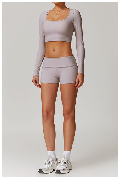 Rib Knit Mini Lace Semi Boot Cut Long Sleeve Sports Bra