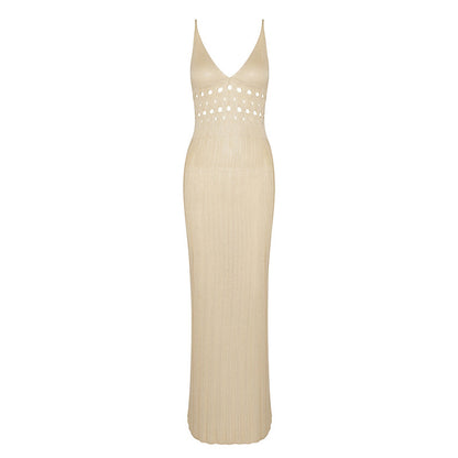 Summer Knitted Hallow Carved Deep V Adjustable Beach Dress