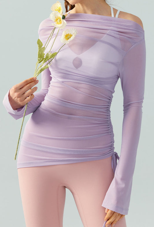 Off Shoulder Mesh See Through Slim Fit Yoga Top