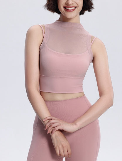 Rolled Neck Sleeveless Chiffon Built-in Sports Bra Top