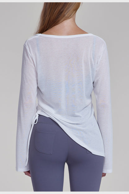 Flash Sale - Wide Neck Drawstring Long Sleeve Top