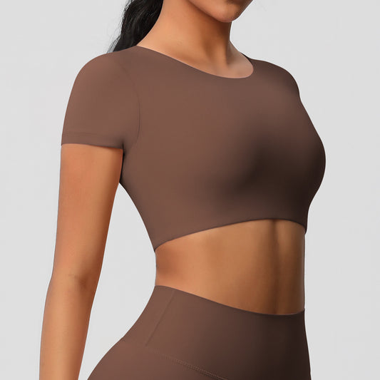 Classic All Star Built-in Pads Short Sleeve Chestnut Sports Crop Tops