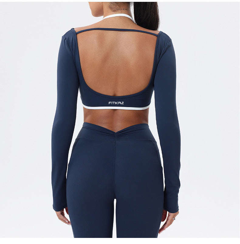 Halter Neck White Bulk Line Back Beauty Long Sleeeves Sports Top