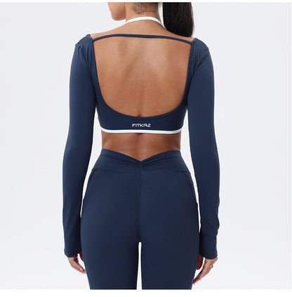 Halter Neck White Bulk Line Back Beauty Long Sleeeves Sports Top