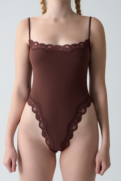 Feather Skin Touch Lace Camisole High Cut Thong Bodysuit (No Pads)
