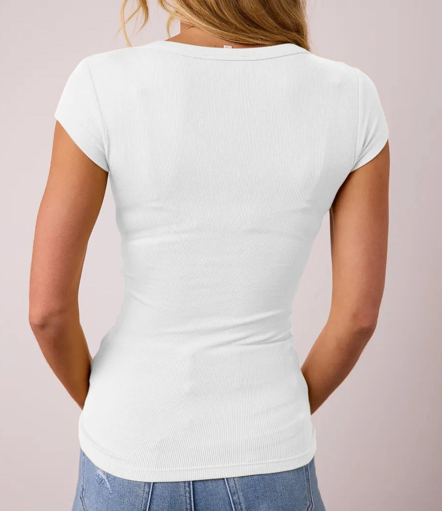 Rib Knit U Neck Casual T-shirt