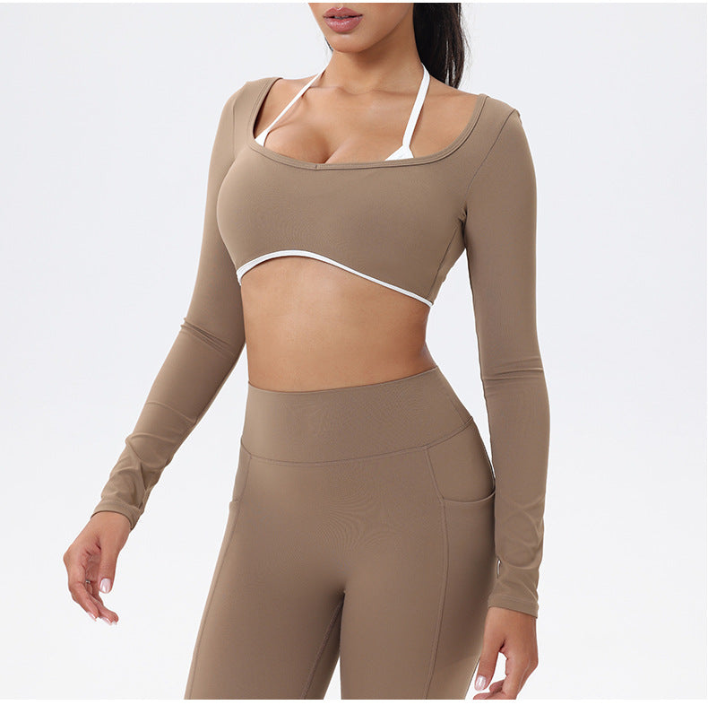 Halter Neck White Bulk Line Back Beauty Long Sleeeves Sports Top