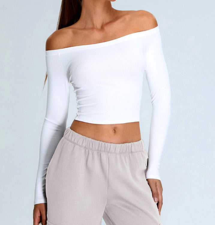 Rib Knit Long Sleeves Wide U Neck Slim T-shirt