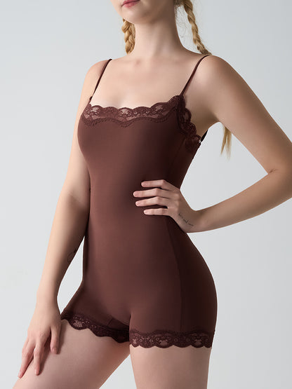 Feather Skin Touch Lace Camisole Boyshort Bodysuit (No Pads)